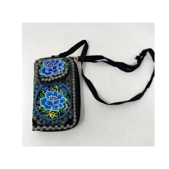 Blue & Black Rose Embroidery Tapestry Zip Around Crossbody Wallet~Made in Mexico - Picture 5 of 12